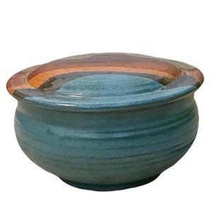 Vintage Handmade Clay Pottery Dish With Lid Signed by Artist BrianTeal Blue